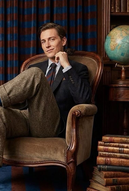 Un uomo in abito scuro seduto in poltrona accanto a un mappamondo e a una pila di libri in uno studio.
