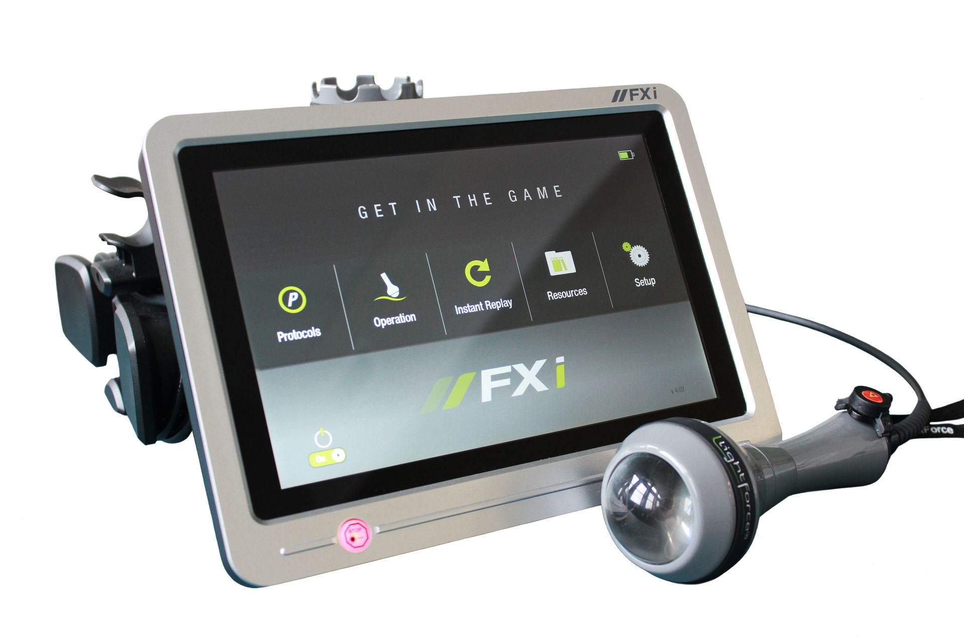 A tablet with a microphone attached to it on a white background.