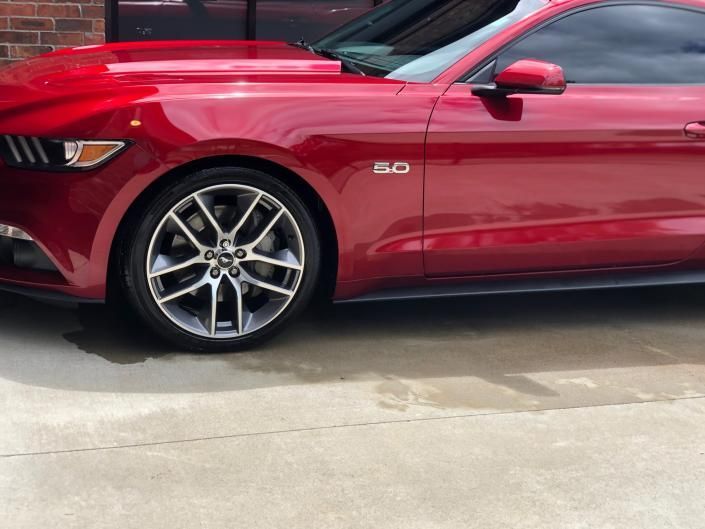 Red Ford Mustang GT side view parked in a driveway or street.