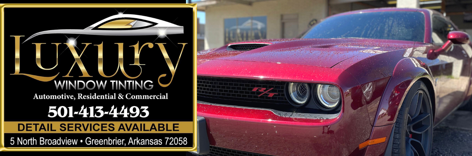 Luxury Window Tinting ad with red Dodge Challenger and gold logo, phone number, and detailing services