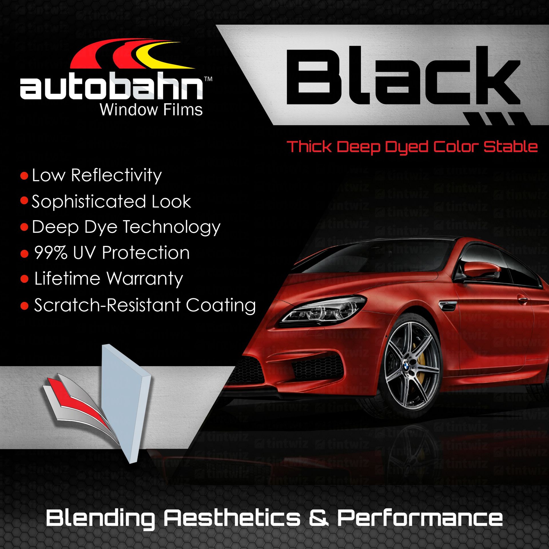 Promotional graphic for Autobahn Window Films Black, showing a red car and features list on a dark background