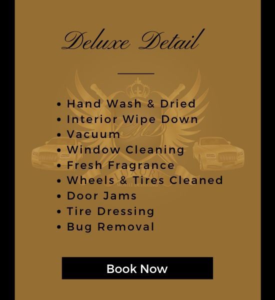 Gold “Deluxe Detail” car wash service ad with bullet list and “Book Now” button