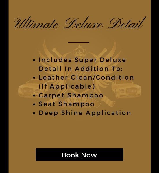 Brown “Ultimate Deluxe Detail” promo with service list and “Book Now” button