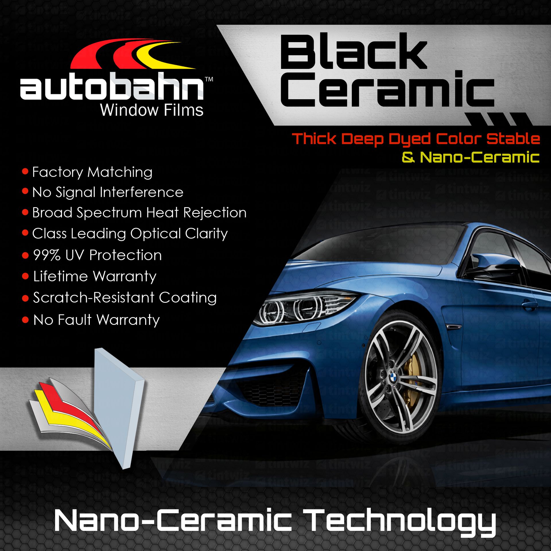 Autobahn Windshield Films Black Ceramic nano-ceramic car coating ad with blue sports car and feature list