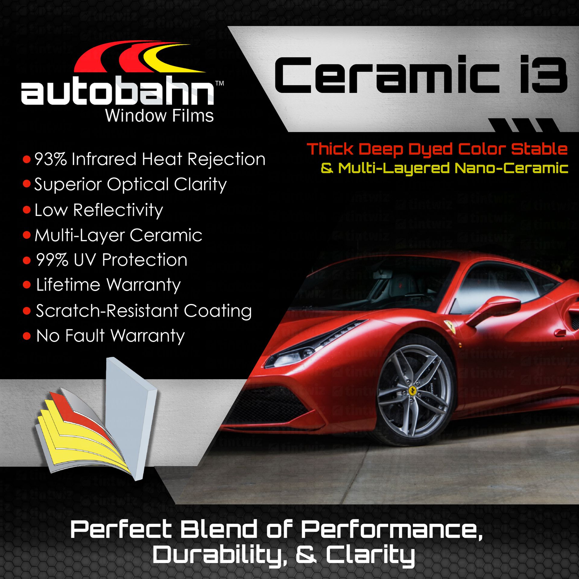 Autobahn Window Film Ceramic 13 ad with red sports car and product feature list on black background