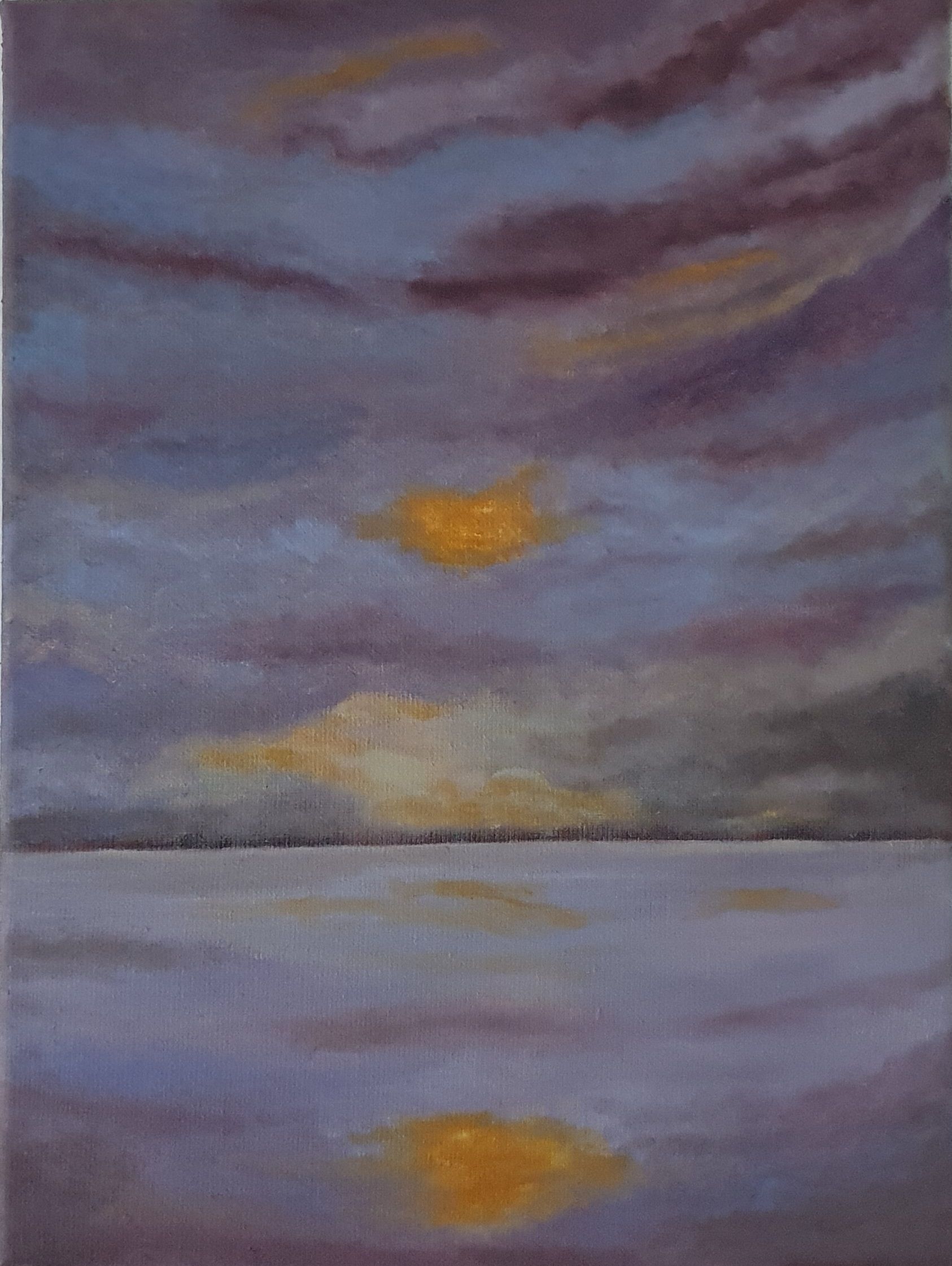 Een spectaculaire zonsondergang boven het water, met gouden licht dat op het oppervlak reflecteert. Paarse, grijze en oranje tinten in de lucht.