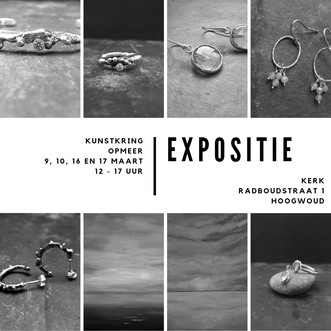 Black and white exhibition poster with jewelry and landscapes, Opmeer, March 9, 16, 17, Kerk Radboudstraat 1 Hoogwoud.