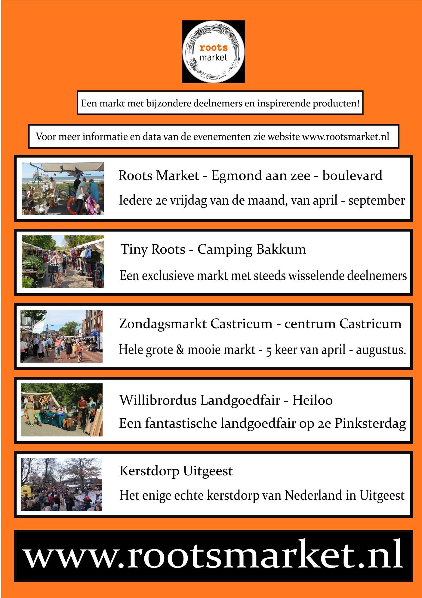 Poster voor Roots Market, met een overzicht van evenementen zoals markten en boerenmarkten in Nederland.