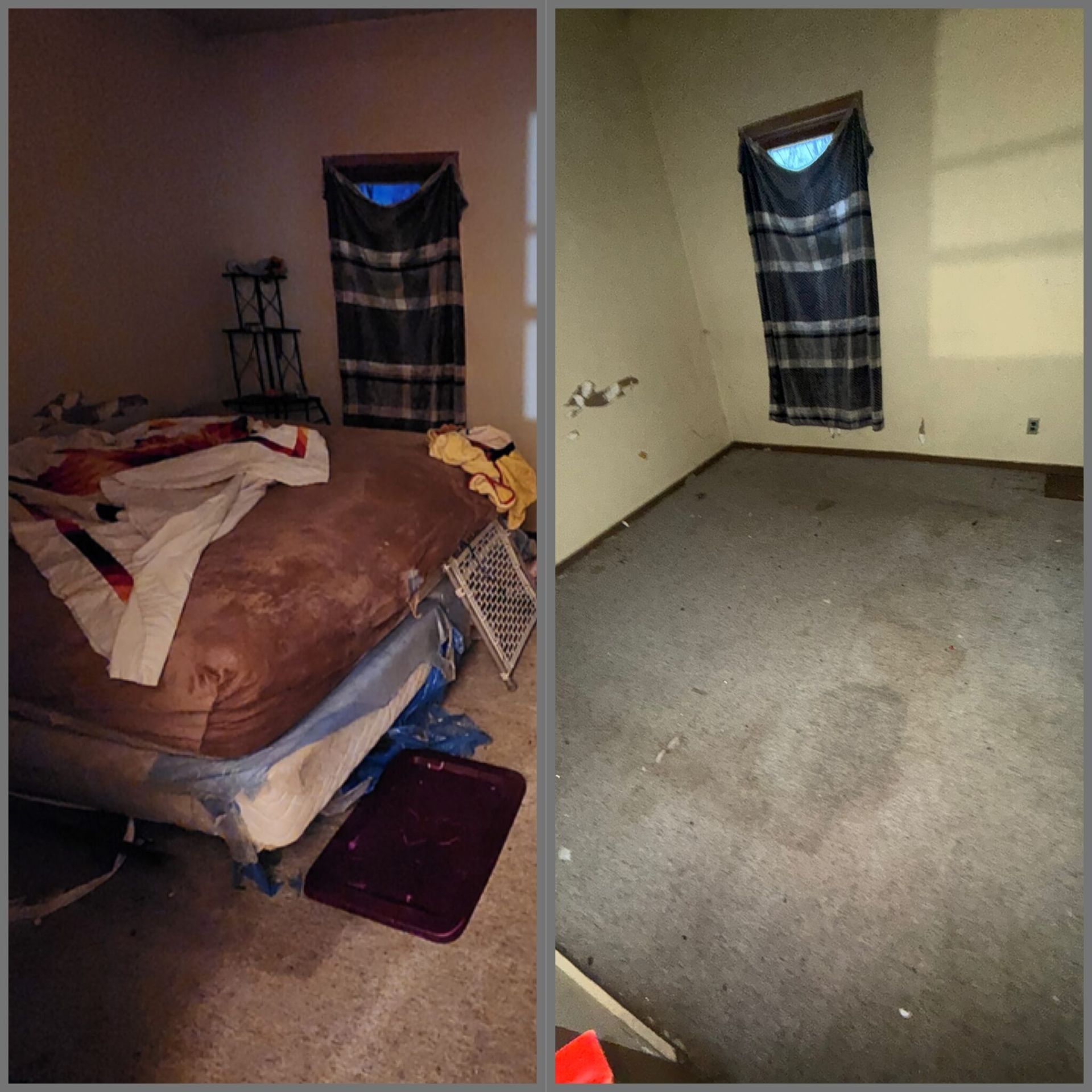 A side-by-side comparison of a bedroom: one showing a furnished bed and clutter, the other showing the empty, carpeted room.