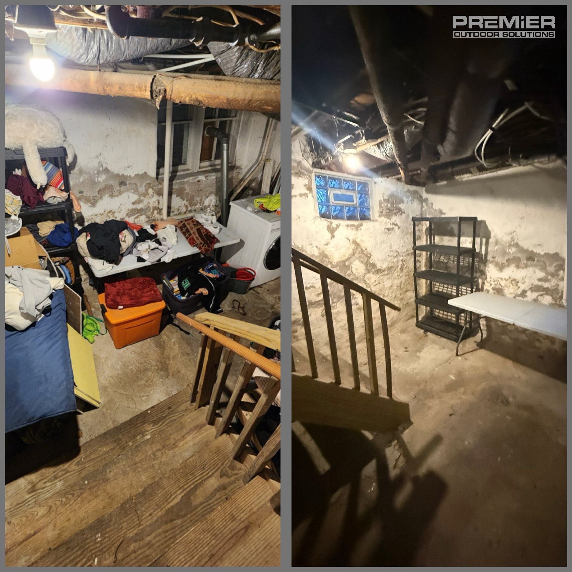 Split-view of a cluttered basement laundry area before and after cleaning, showing a staircase, shelves, and walls.