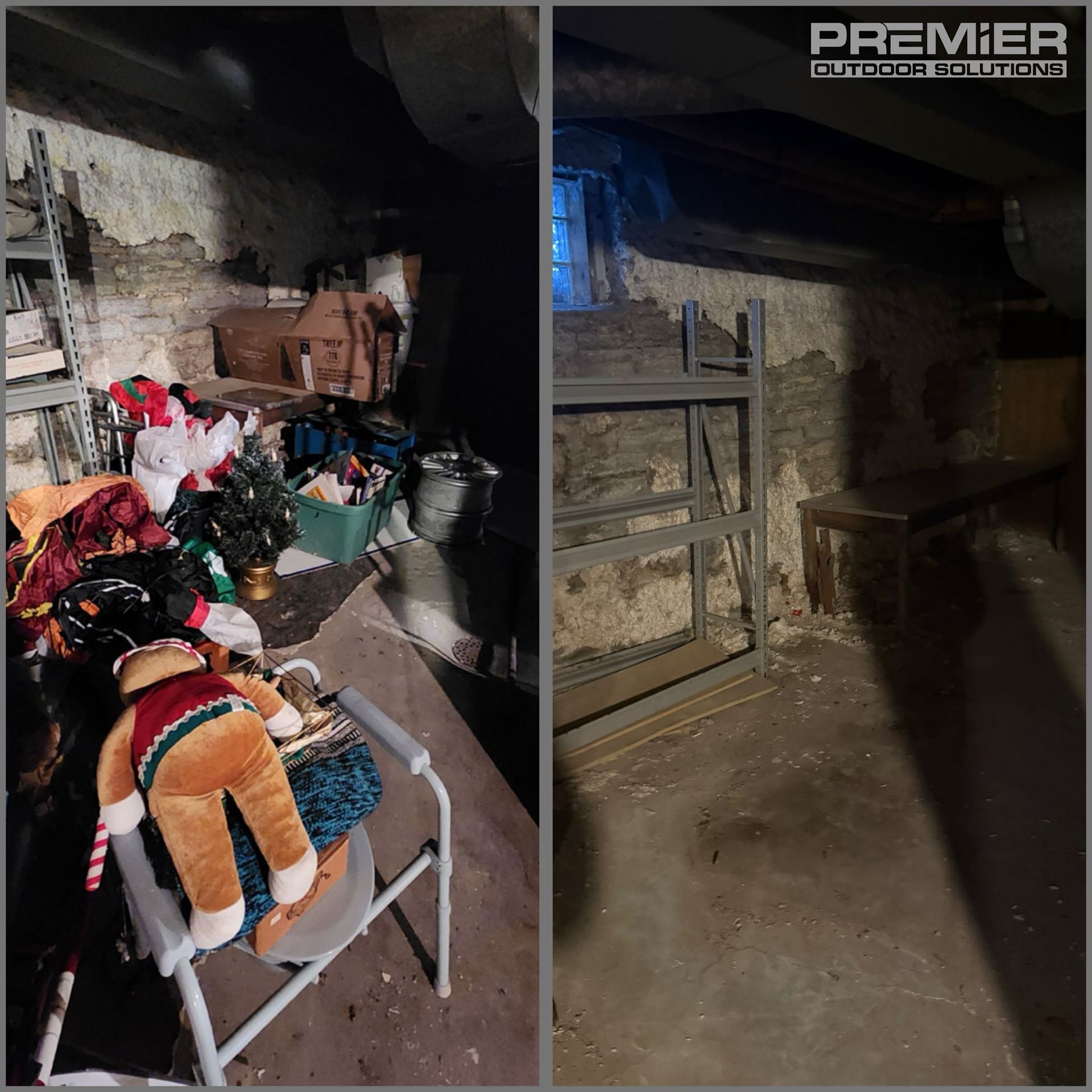 A split-screen showing a cluttered basement with storage items and a mostly empty area with shelving against stone walls.