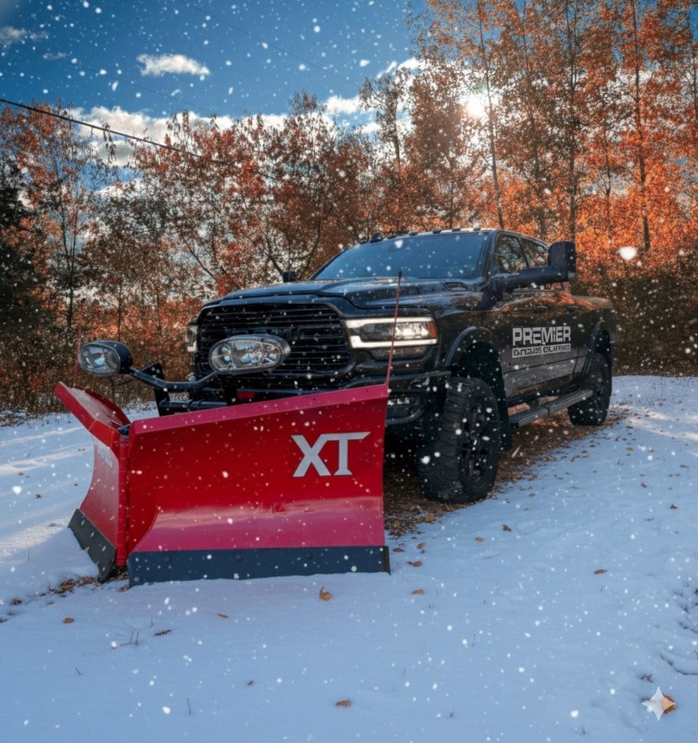 A black pickup truck with a large red XT snowplow attached to the front, parked outdoors in a light snow shower.