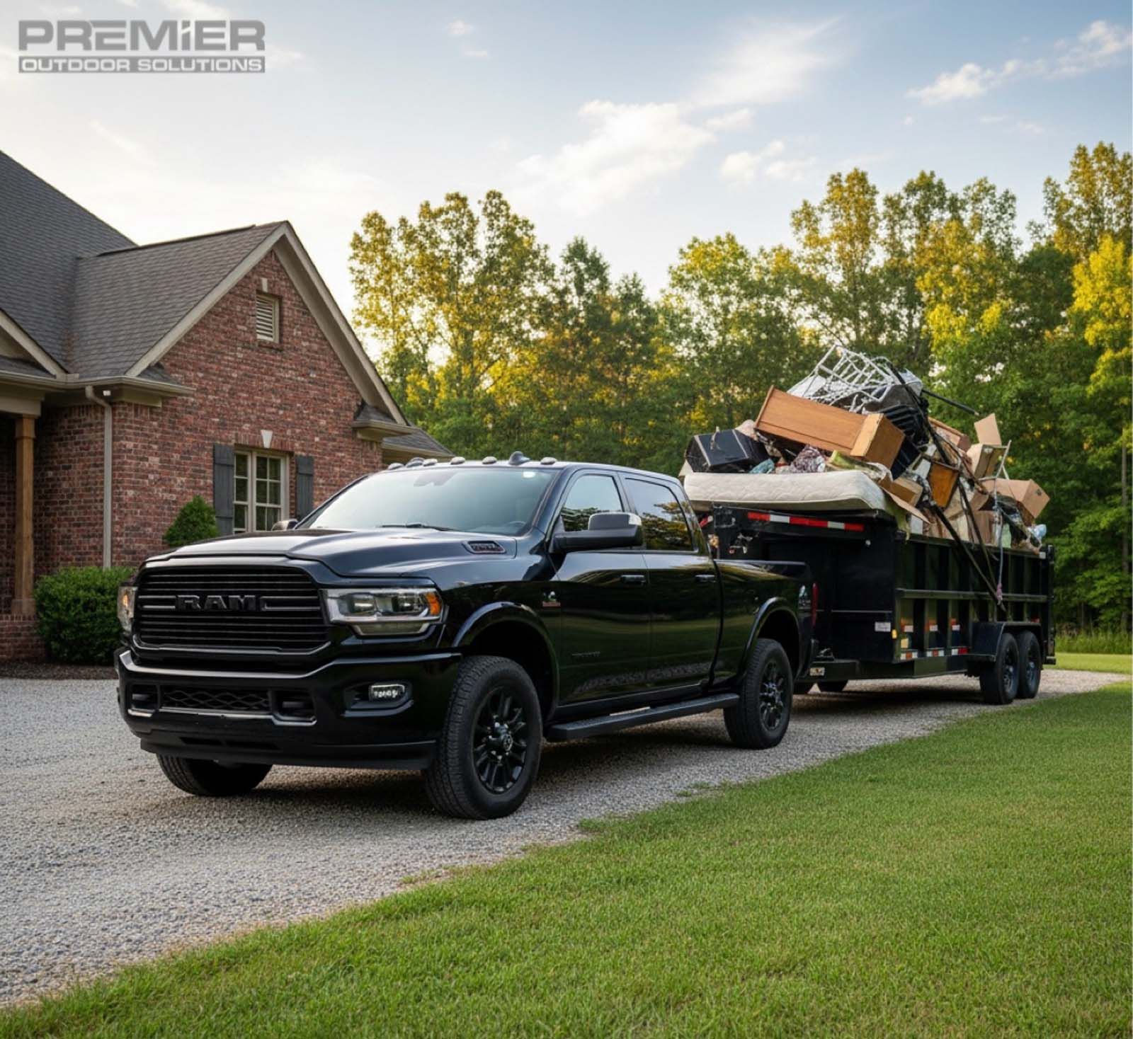 A black pickup truck parked on a gravel driveway in front of a brick house, towing a trailer filled with junk.