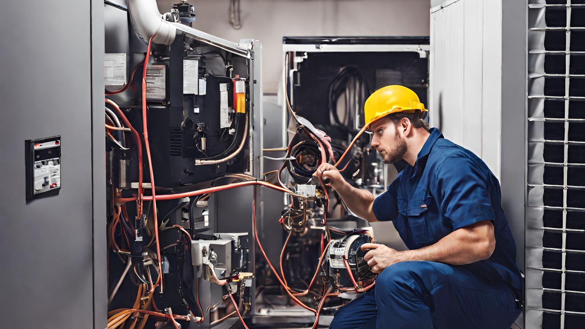 A man in a hard hat is working on a commercial air conditioning unit