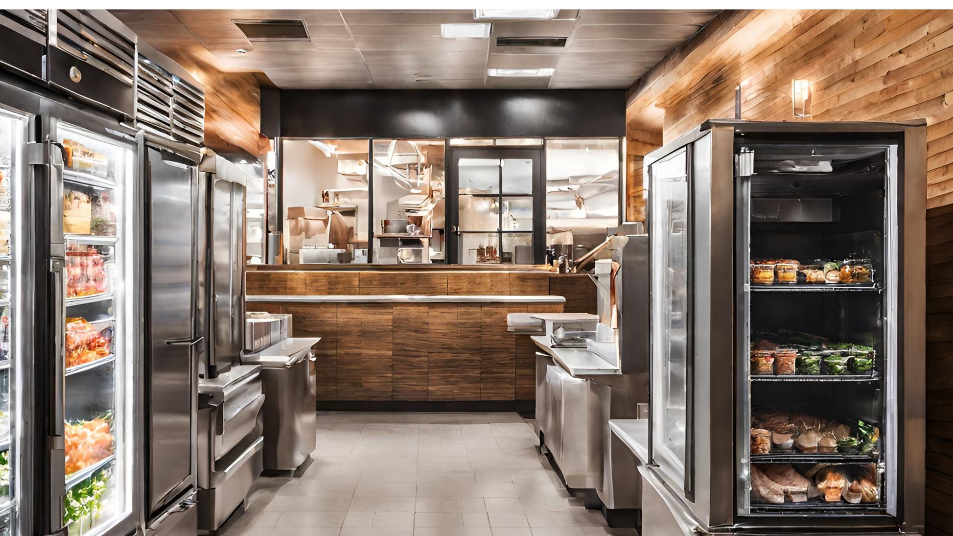 A kitchen with a lot of refrigerators and a counter.