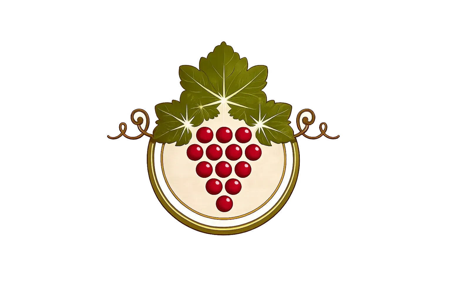 Grapevine logo with green leaves and red grape cluster inside a gold ring