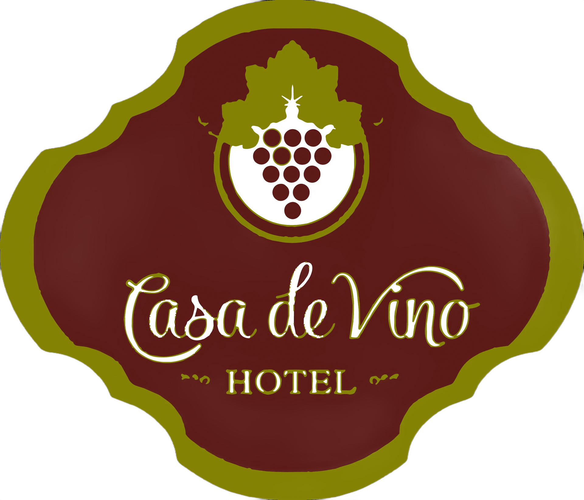 Logotipo del Hotel Casa de Vino sobre escudo granate con borde verde oliva y emblema de uva.
