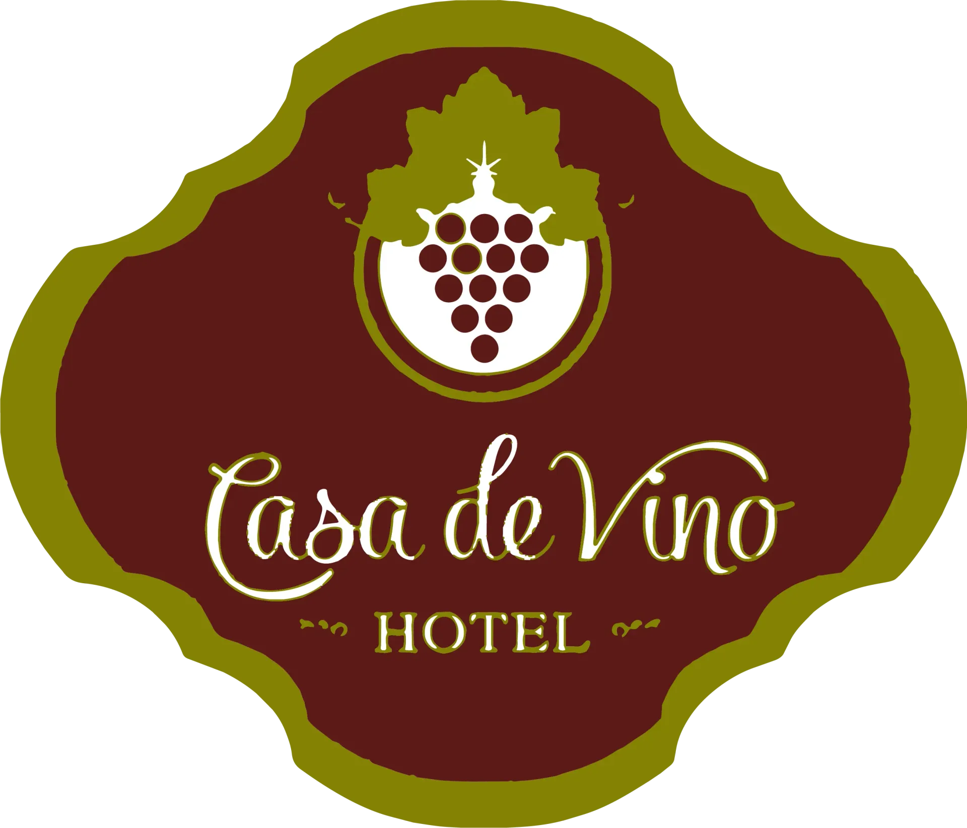 Logotipo del Hotel Casa de Vino en granate, dorado y blanco con emblema de uva.