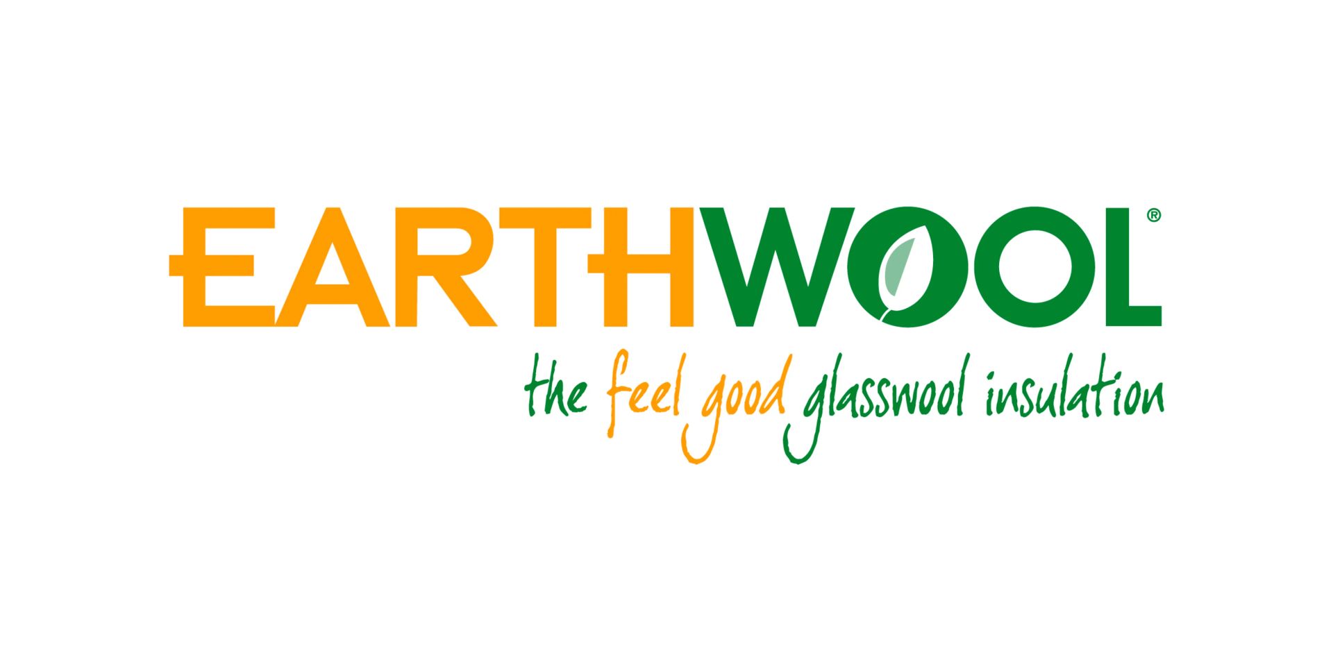 Earthwool logo with orange and green text, a leaf icon, and the tagline "the feel good glasswool insulation".