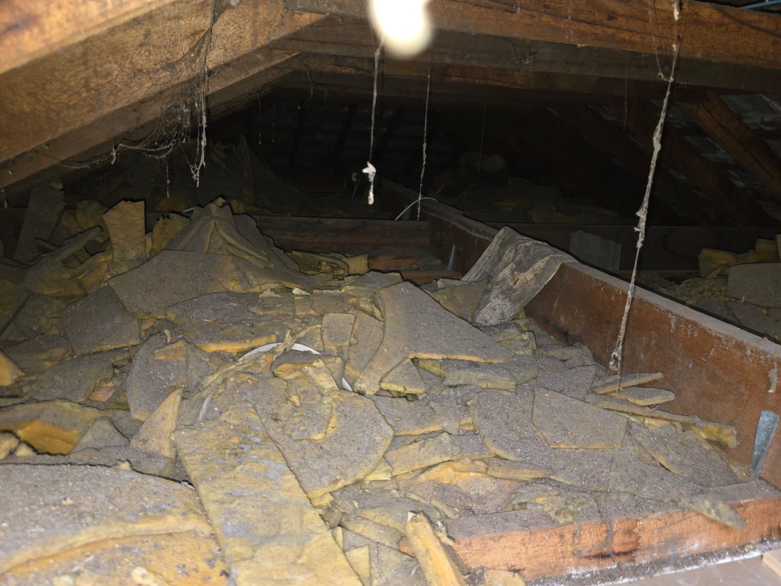 A dusty, cluttered attic with scattered yellow insulation and wooden beams.