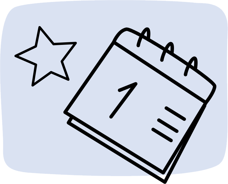 Outlined calendar icon with a star and the number 1 on a light blue background