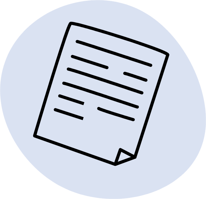 Paper document icon with tilted white page and black lines on a light blue circle background