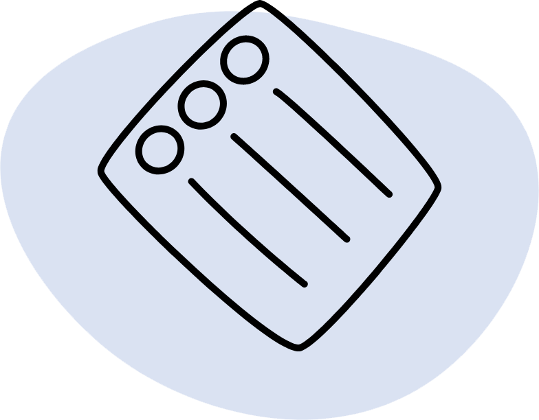 Black line icon of a tilted notepad with three bullets on a light blue oval background