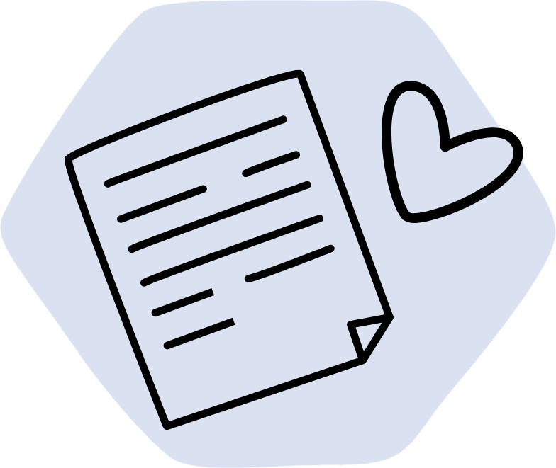 Document and heart icon on a light blue hexagonal background