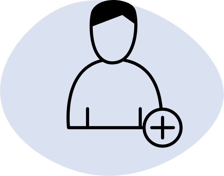 User icon with a plus sign in a blue oval, suggesting add account or add person