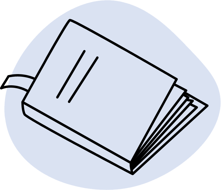 Illustration of an open book with pages fanned out on a light blue background