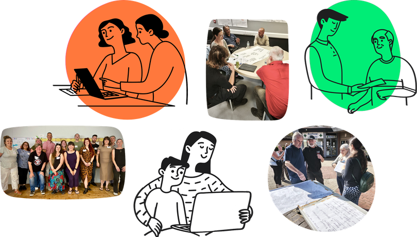 Collage of people collaborating, meeting, and using laptops, with two cartoon illustrations on orange and green backgrounds