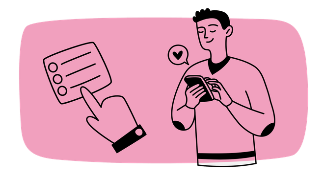 Person using a phone beside a checklist icon on a pink background