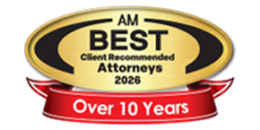 AM Best Client Recommended Attorneys 2026 award badge with red “Over 10 Years” ribbon