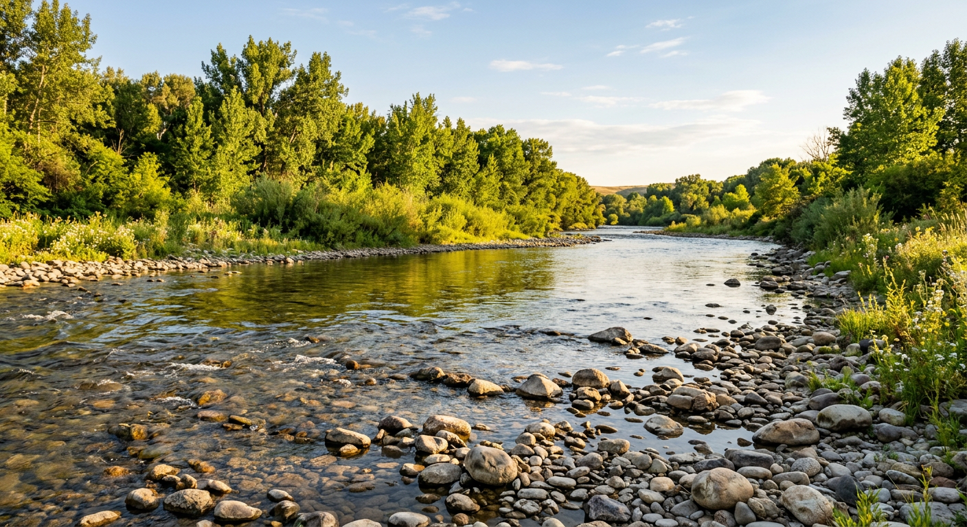 Rocky river with calm water, green trees, and a bright blue sky at sunset