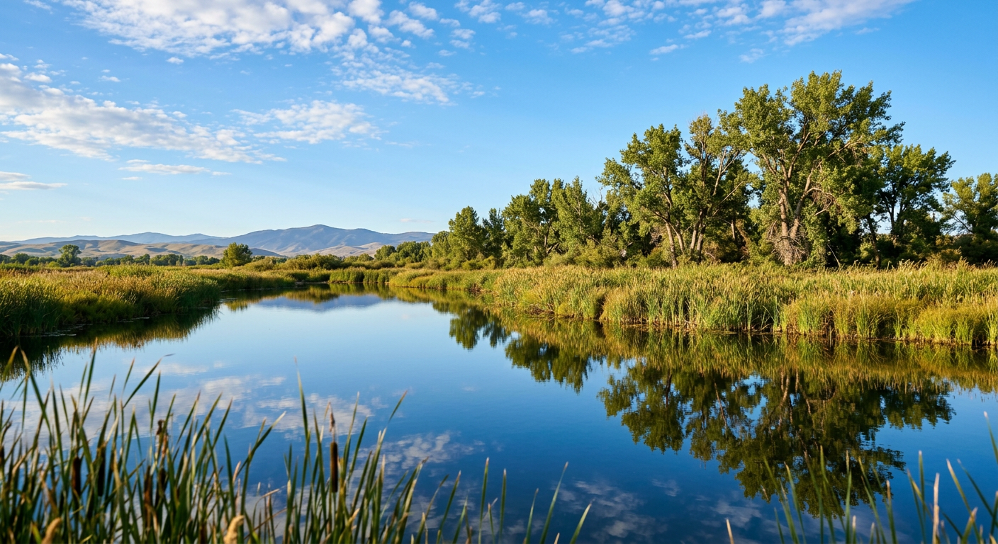 Calm wetland with reeds and trees reflecting in still water under a blue sky