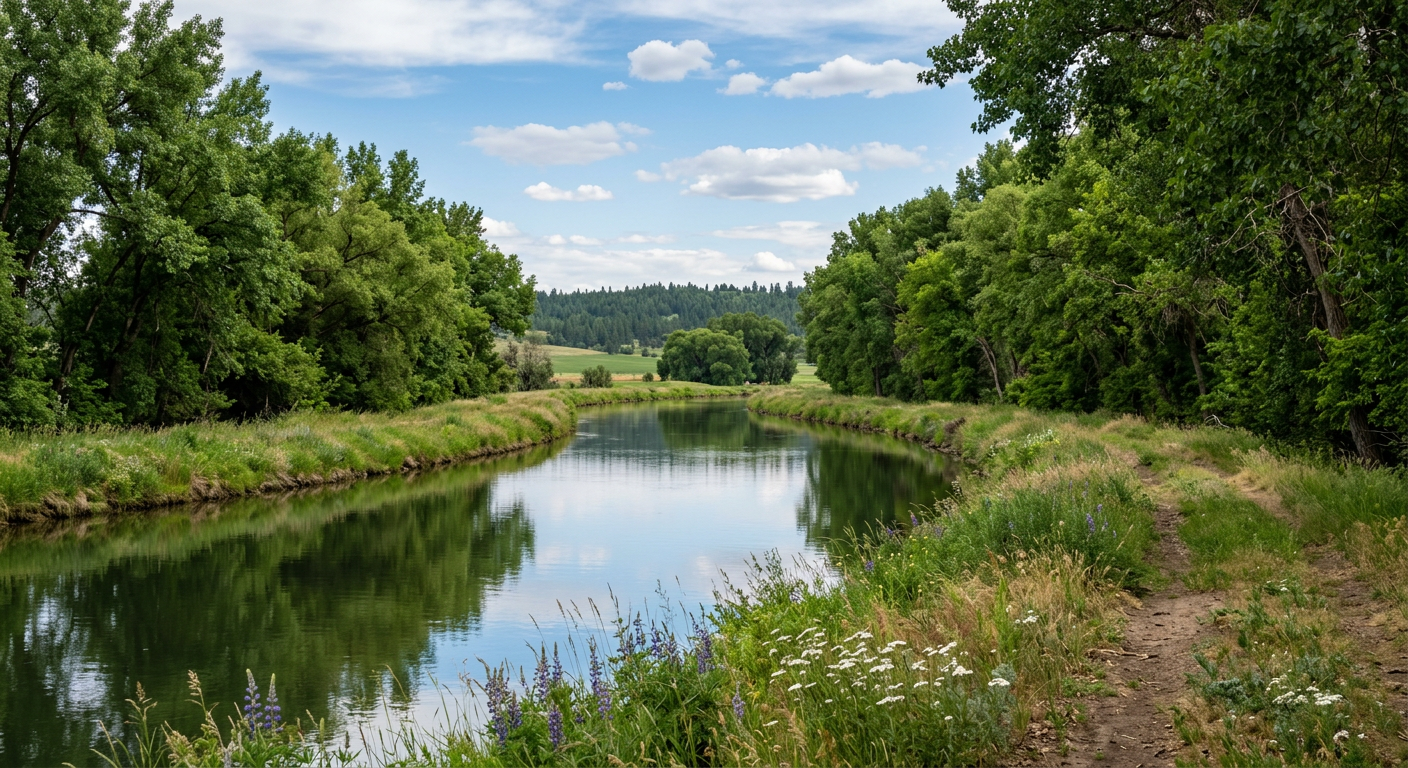 A calm river bordered by lush green trees and wildflowers under a bright blue sky