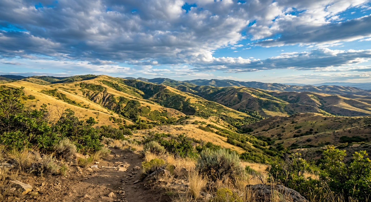 Rolling golden hills and green valleys under a partly cloudy blue sky