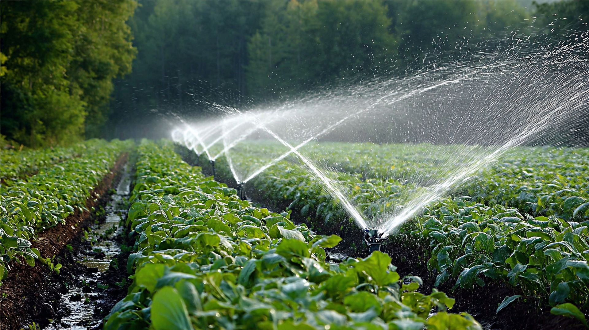 Sprinklers irrigating rows of leafy green crops in a farm field.