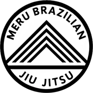 Meru Brazilian Jiu Jitsu logo with black text and striped triangle inside a circle