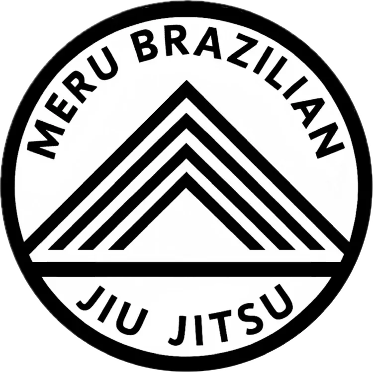 Meru Brazilian Jiu Jitsu logo with black text and striped triangle inside a circle