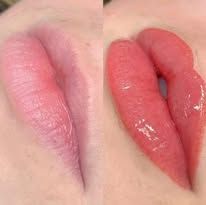 Close-up of glossy pink lips, shown before and after lip color application.