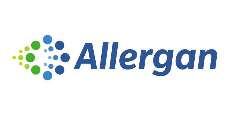 Allergan logo in blue with green and blue dot icon