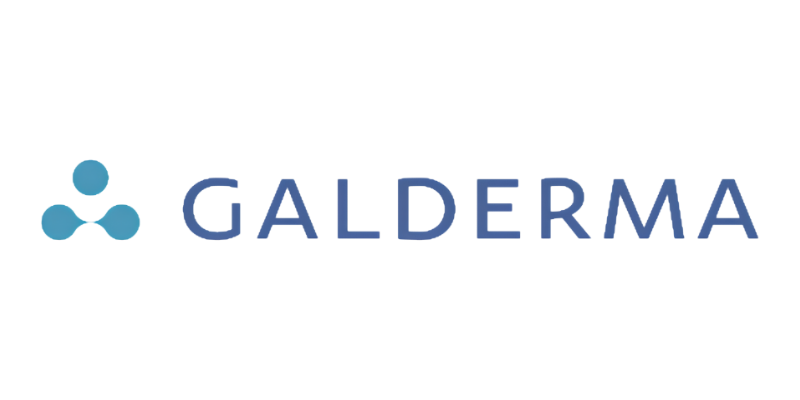 GALDERMA logo with blue icon and gray-blue text on a white background