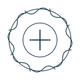 Blue line-art circle wreath with a plus sign inside a smaller circle on a white background