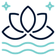 Minimal teal and navy lotus icon with sparkles above and wavy water lines below