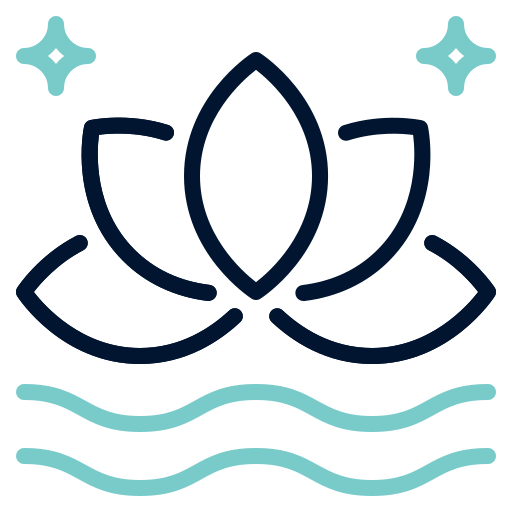 Minimal teal and navy lotus icon with sparkles above and wavy water lines below