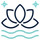Minimal lotus icon in navy and teal with sparkles above and wavy water lines below