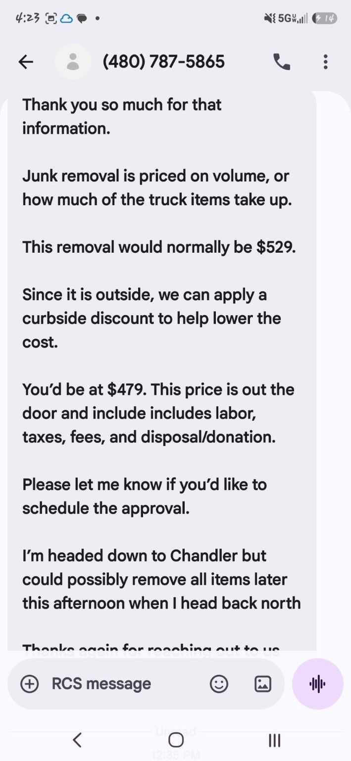 Happy Hippo Junk Removal $479 curbside junk removal quote screenshot
