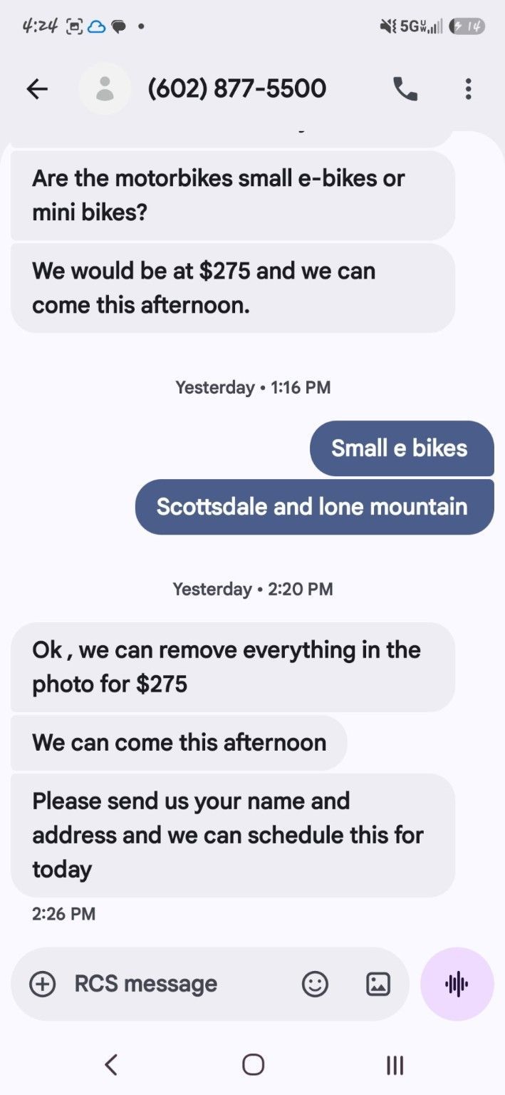 Around Town Junk Removal $275 Scottsdale junk removal quote screenshot