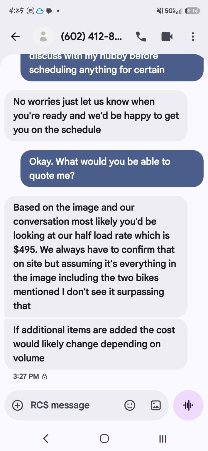 Junk Removal Phoenix LLC $495 junk removal estimate screenshot
